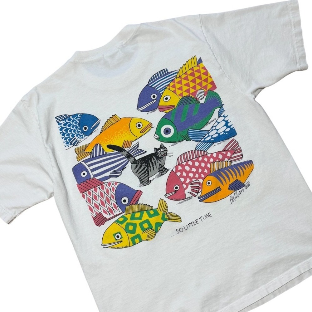 Vintage 90s Crazy Shirts B. Kliban Cat So Many Fish Nature Art Graphic T-shirt - Picture 7 of 9